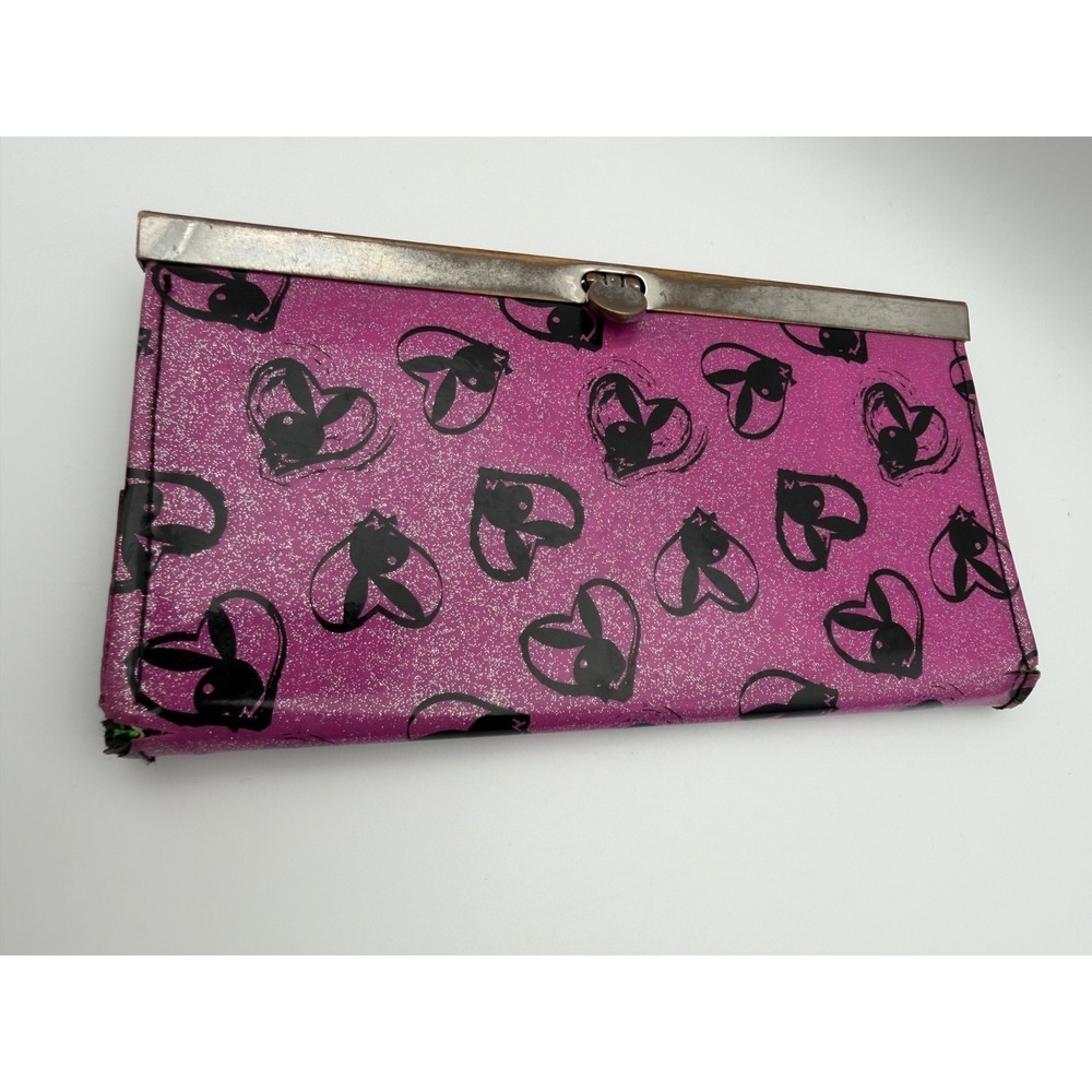 Vintage Playboy Wallet Billfold Pink & Black Sparkle Glitter Playboy Bunny Heart